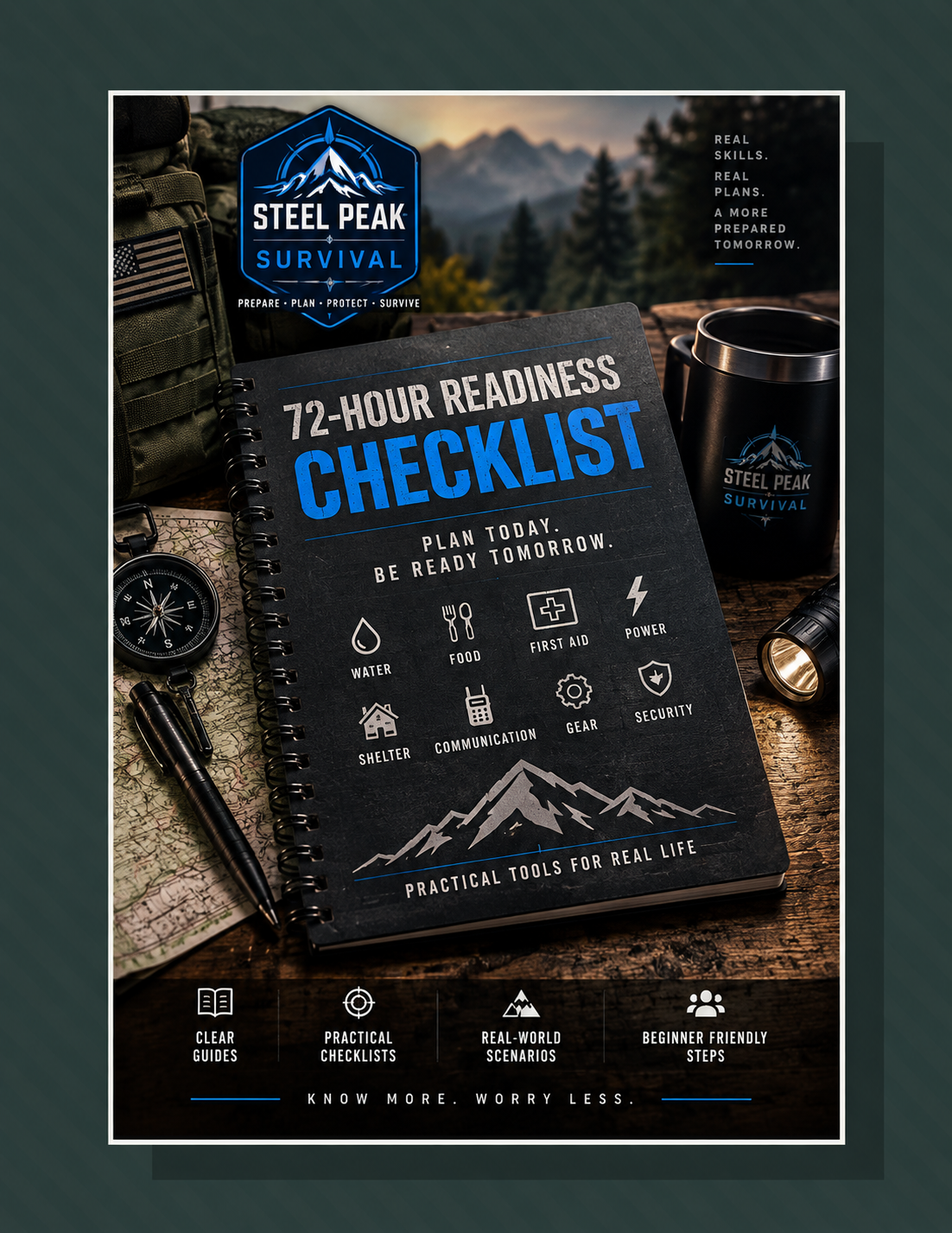 Steel Peak Survival 72-Hour Readiness Checklist workbook surrounded by practical preparedness gear