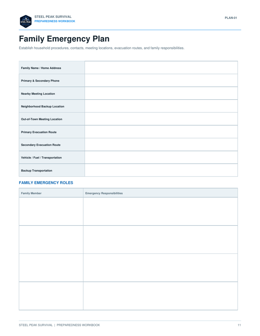 Family Emergency Plan worksheet