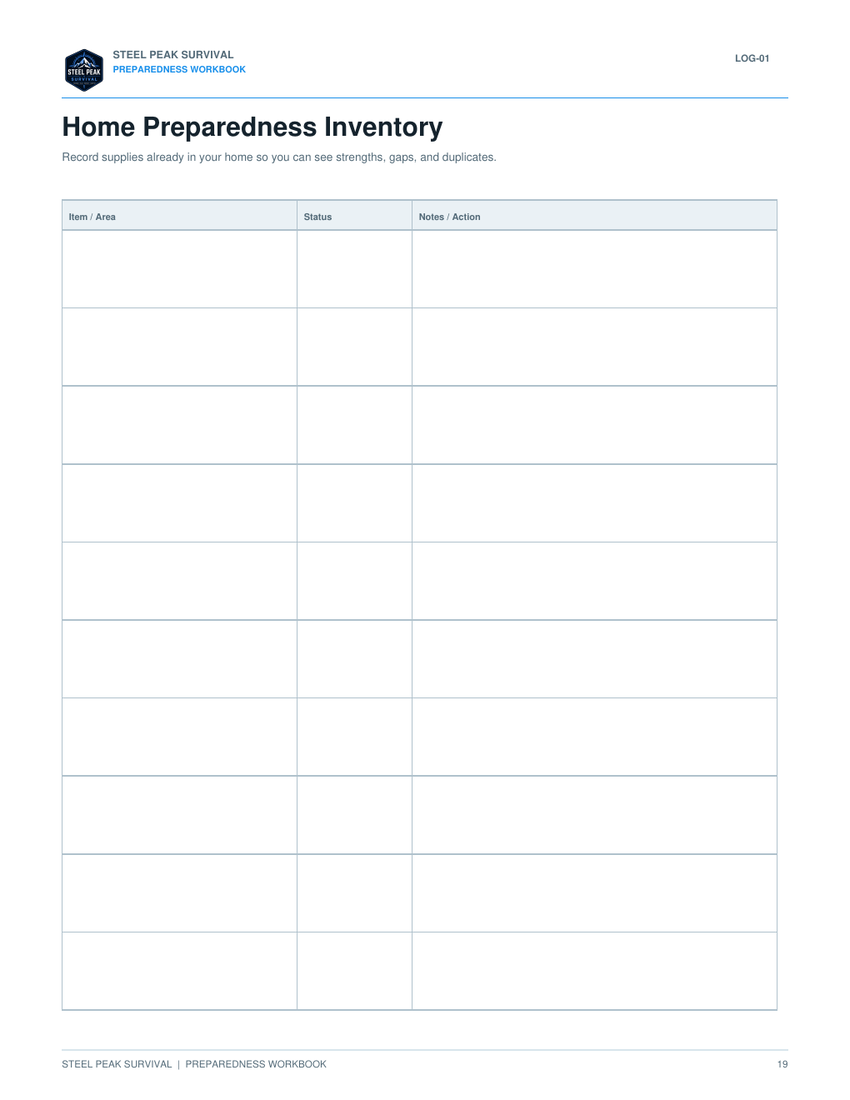 Home Preparedness Inventory worksheet
