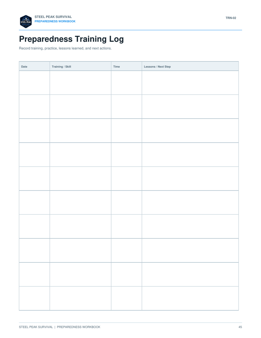 Preparedness Training Log worksheet